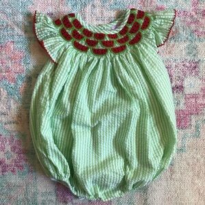 Seersucker Watermelon Embroidered Bubble Romper